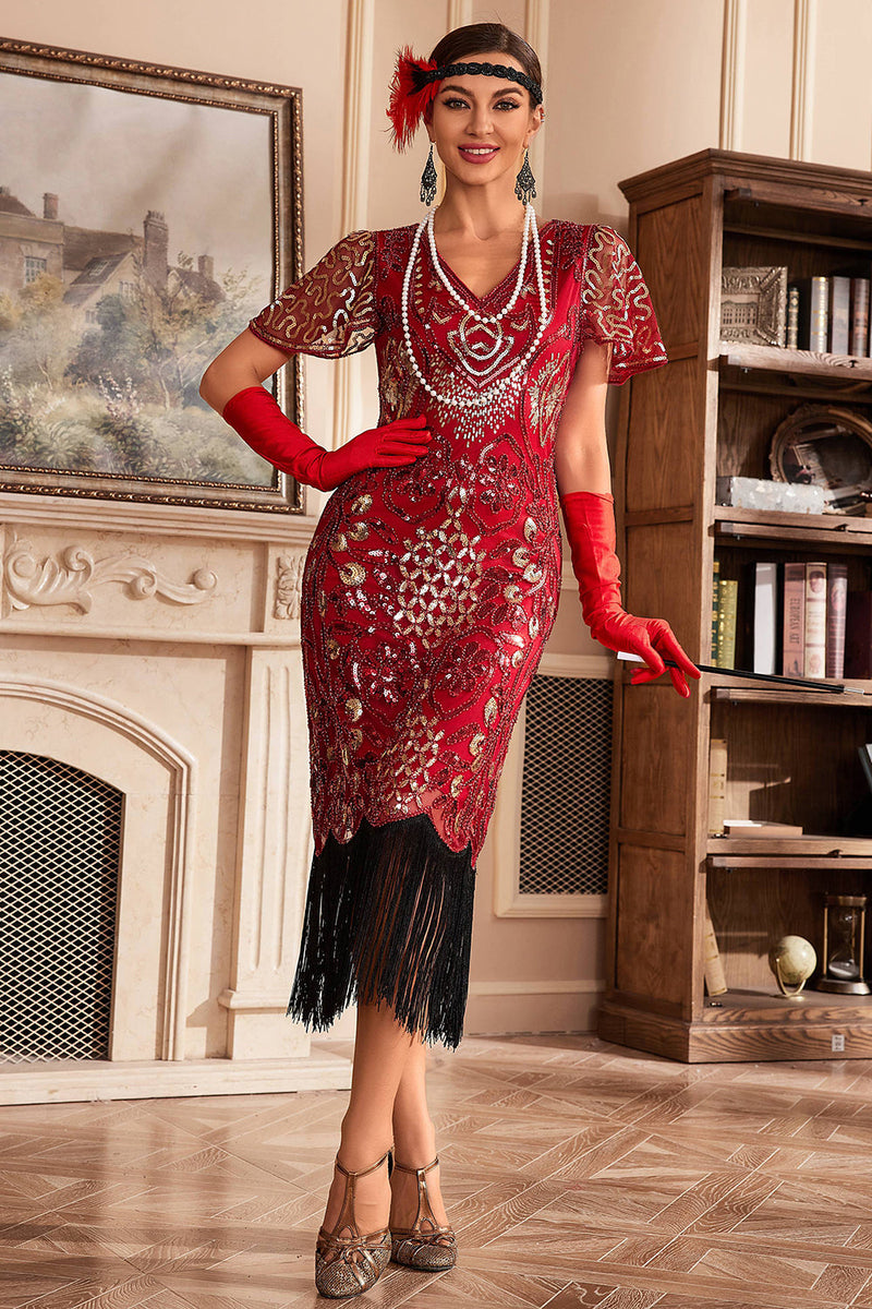 Load image into Gallery viewer, Black Golden V Neck Fringe 1920s Gatsby Dress With Sequins