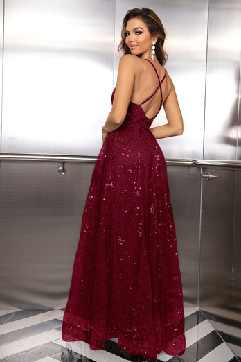 Burgundy Spaghetti Straps Open Back Prom Dress With Slit