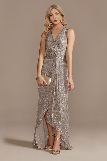 Champagne V-Neck High Low Sequin Prom Dress