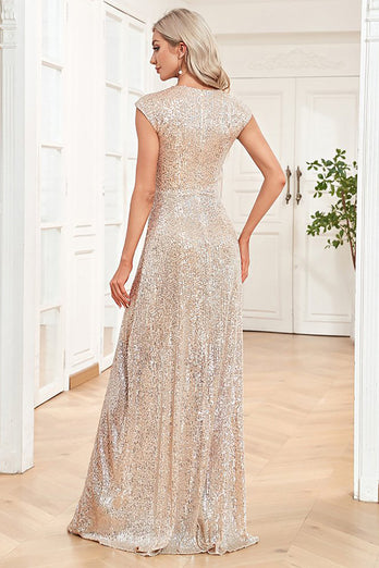 Champagne Sleeveless V-Neck A Line Sparkly Prom Dress