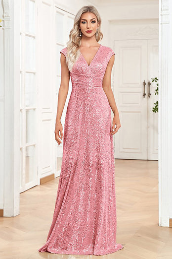 Champagne Sleeveless V-Neck A Line Sparkly Prom Dress