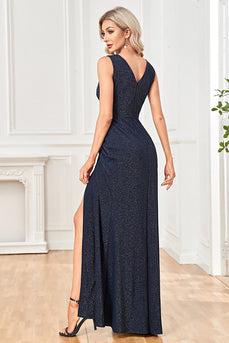 Navy Sheath Sparkly Sleeveless Long Prom Dress With Slit