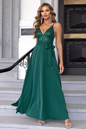 Dark Green Spaghetti Straps Sequin Holiday Dress With Slit