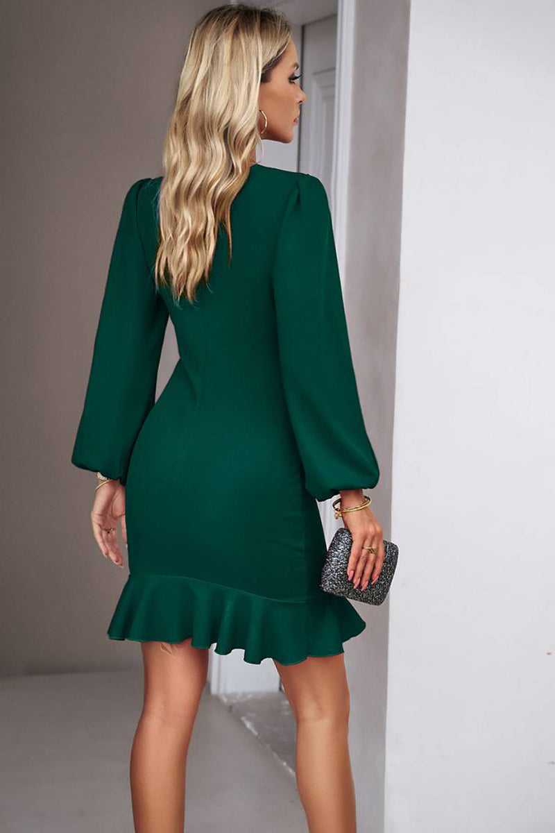 Load image into Gallery viewer, Black Ruched Long Sleeve Short Party Dress With Ruffles