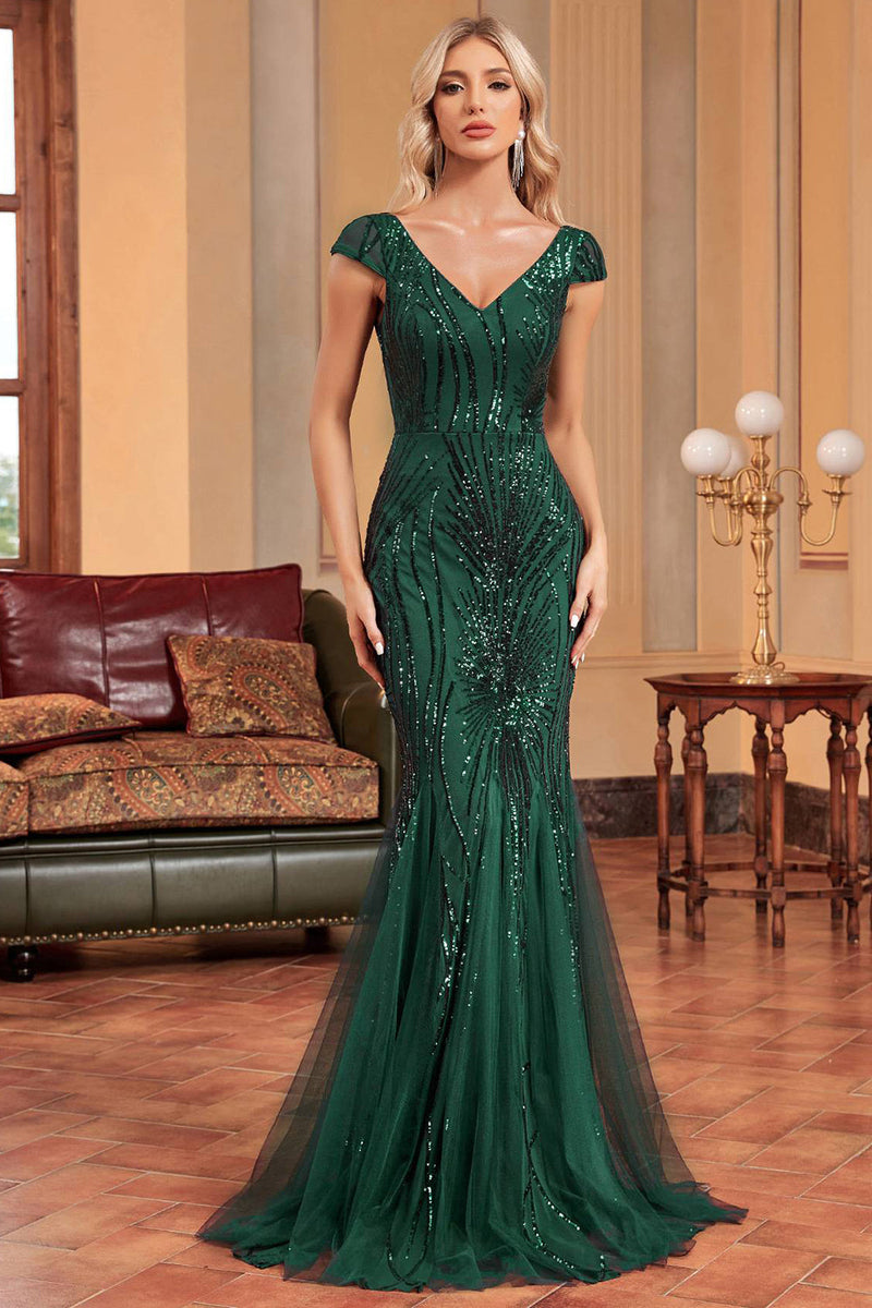 Load image into Gallery viewer, Dark Green Mermaid Sequins Formal Dress