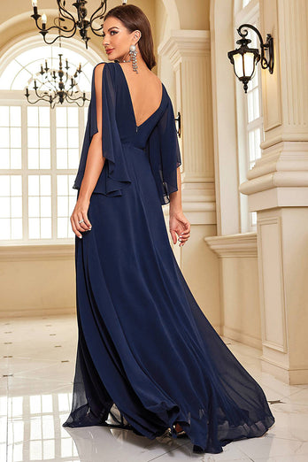 Navy Bat Sleeves Chiffon Formal Dress with Slit