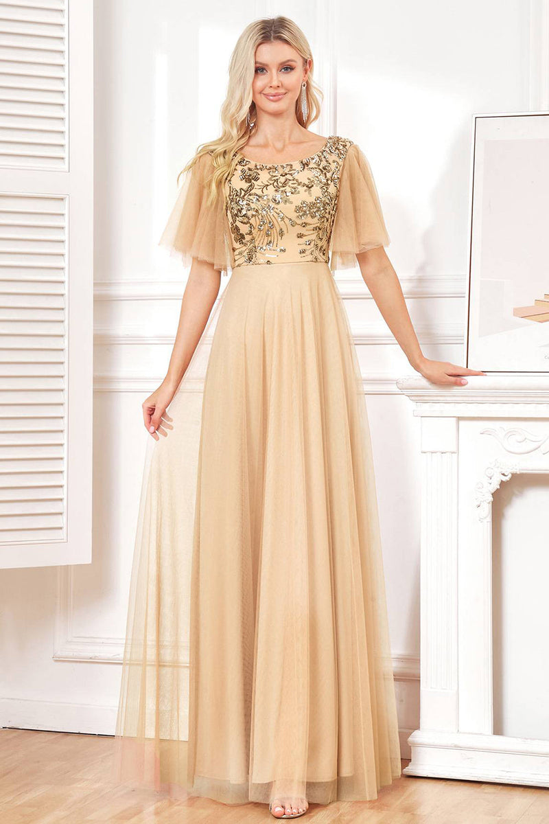 Load image into Gallery viewer, Bat Sleeves A Line Tulle Champagne Formal Dress with Sequins