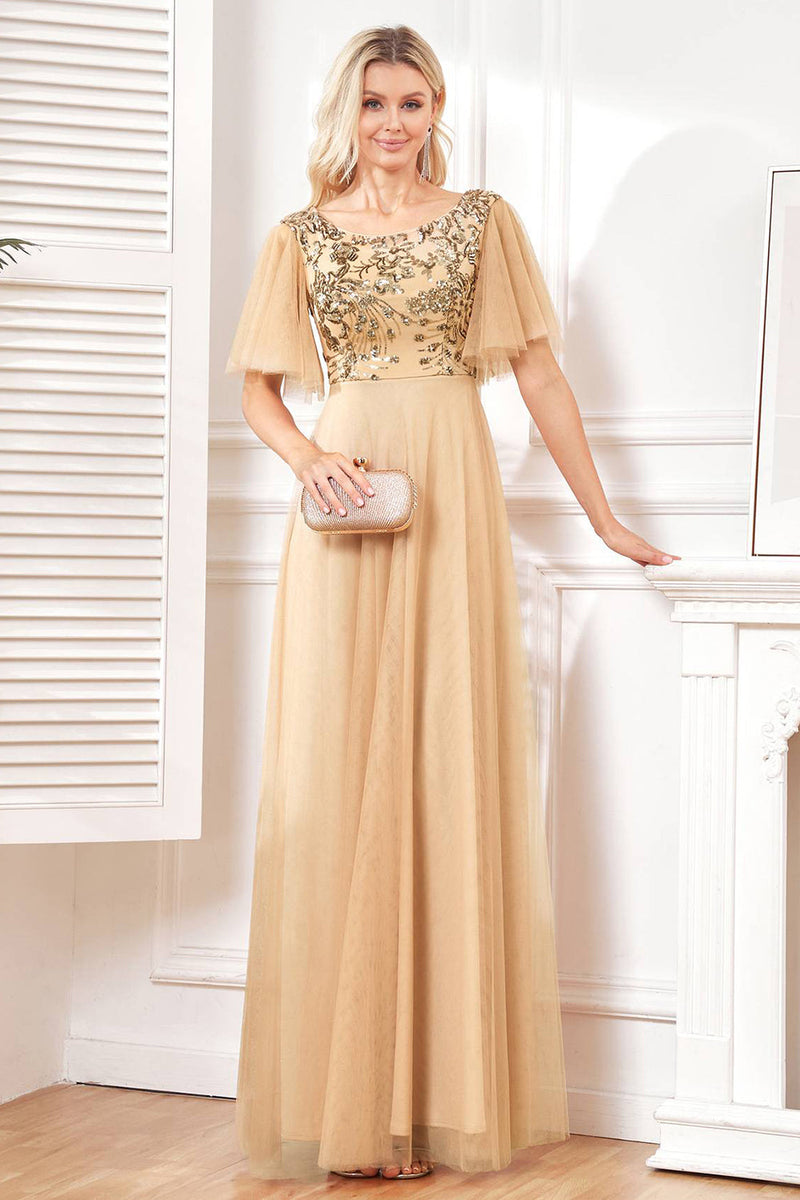 Load image into Gallery viewer, Bat Sleeves A Line Tulle Champagne Formal Dress with Sequins