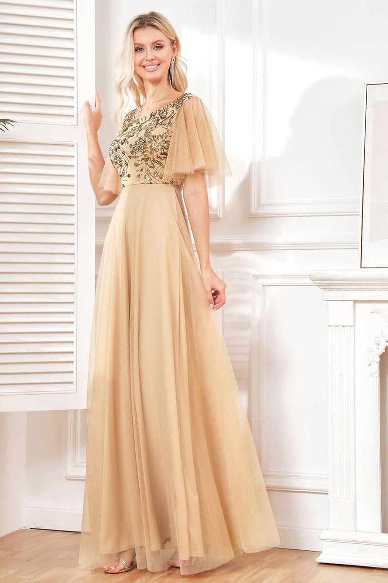 Champagne evening store dress with sleeves