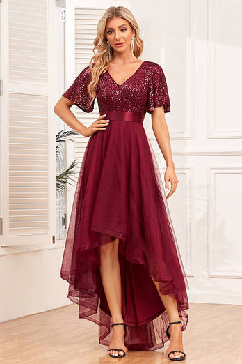 Burgundy High-low A-line Formal Dress with Sequins