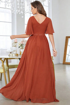 Brick Red A-Line V-Neck Pleated Prom Dress With Short Sleeves