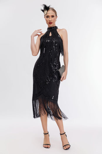 Glitter Halter Fringes Gatsby Dress with Sleeveless