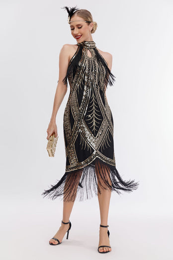 Glitter Halter Fringes Gatsby Dress with Sleeveless