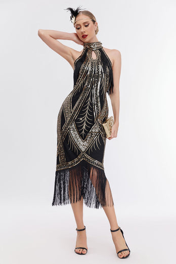 Glitter Halter Fringes Gatsby Dress with Sleeveless