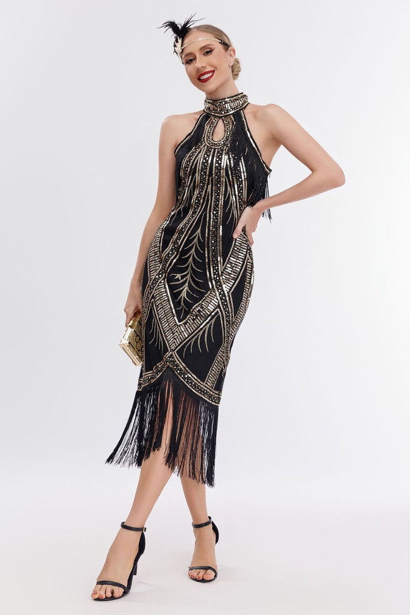 Load image into Gallery viewer, Glitter Halter Fringes Gatsby Dress with Sleeveless