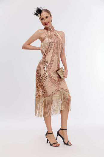 Glitter Halter Fringes Gatsby Dress with Sleeveless