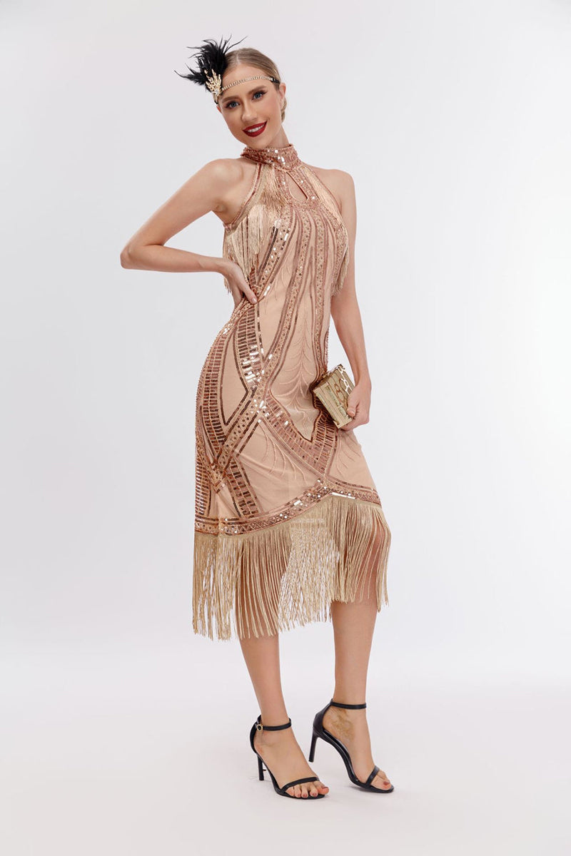 Load image into Gallery viewer, Glitter Halter Fringes Gatsby Dress with Sleeveless