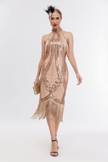 Glitter Halter Fringes Gatsby Dress with Sleeveless