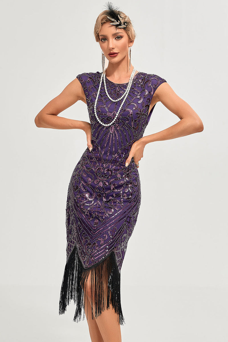 Load image into Gallery viewer, Sparkly Black Beaded Fringed 1920s Gatsby Dress