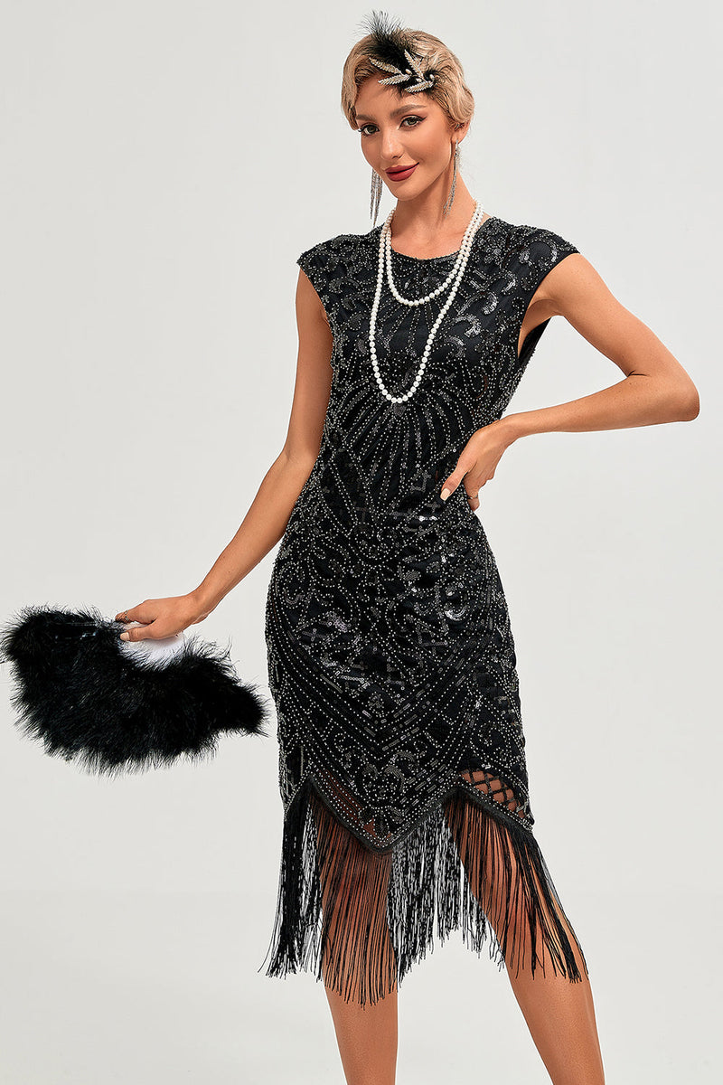 Load image into Gallery viewer, Sparkly Black Beaded Fringed 1920s Gatsby Dress