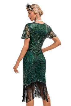 Sparkly Dark Green Beaded Fringed Cap Sleeves 1920s Gatsby Dress