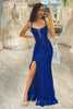 Load image into Gallery viewer, Glitter Royal Blue Long Corset Prom Dress With Slit