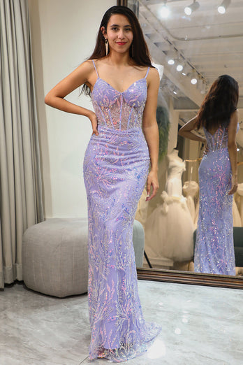 Sparkly Lilac Mermaid Long Corset Prom Dress With Appliques
