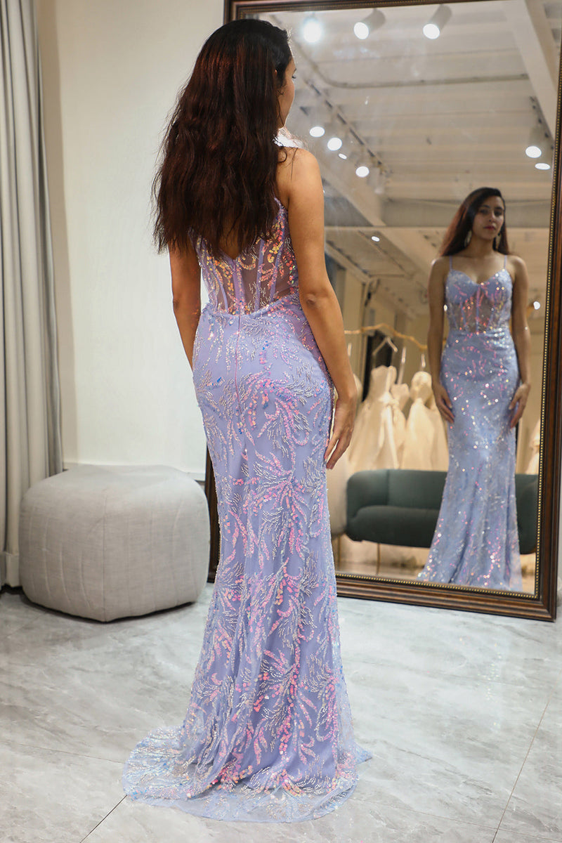 Load image into Gallery viewer, Sparkly Lilac Mermaid Long Corset Prom Dress With Appliques