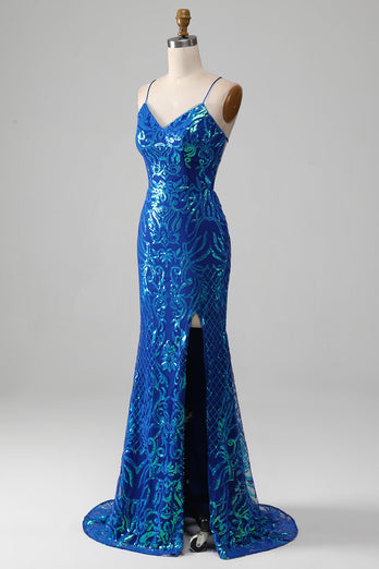 Royal Blue Mermaid Sparkly Prom Dress with Slit