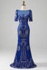 Load image into Gallery viewer, Mermaid Royal Blue Sparkly Prom Dress with Short Sleeves