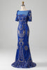 Load image into Gallery viewer, Mermaid Royal Blue Sparkly Prom Dress with Short Sleeves