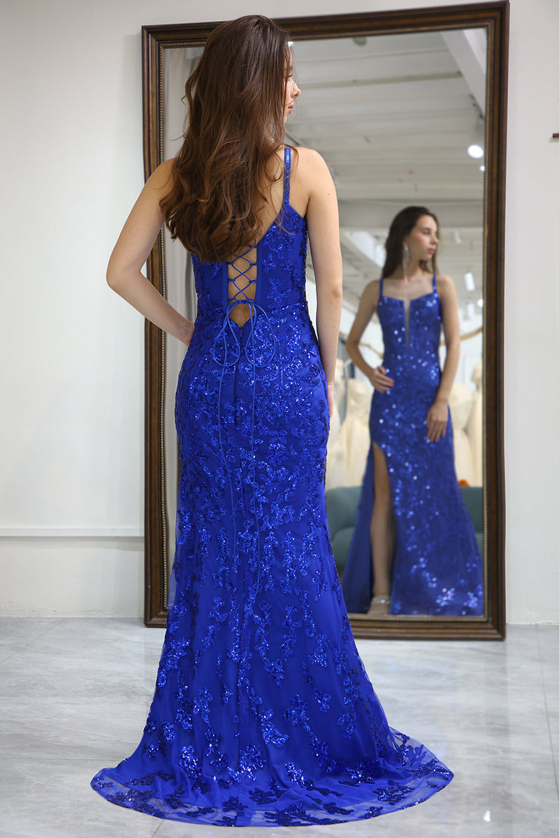 Load image into Gallery viewer, Glitter Royal Blue Mermaid Long Prom Dress With Slit