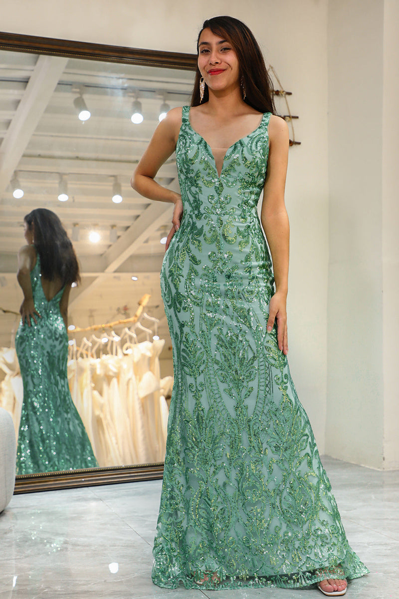 Load image into Gallery viewer, Sparkly Green Mermaid Long Sequined Prom Dress With Appliques