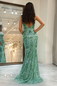 Sparkly Green Mermaid Long Sequined Prom Dress With Appliques