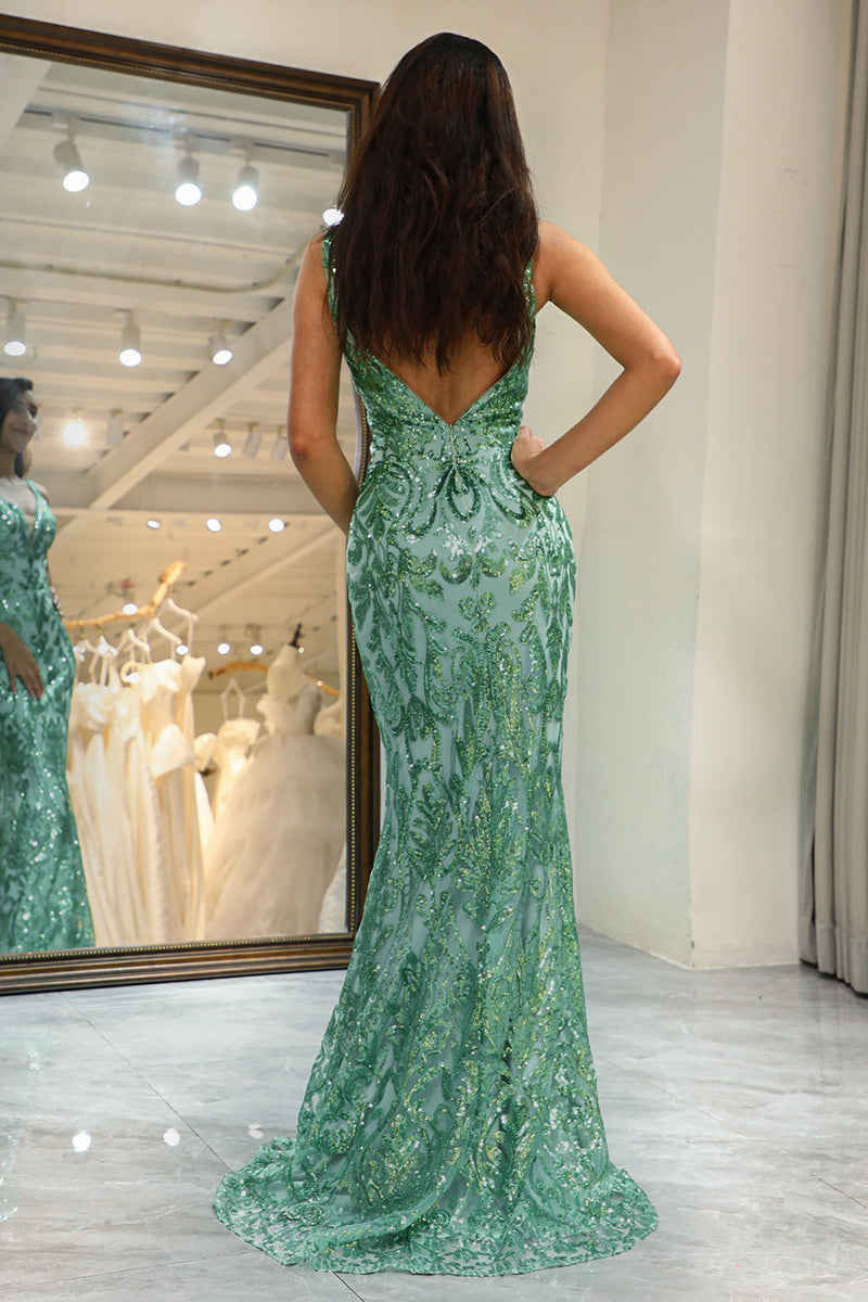 Load image into Gallery viewer, Sparkly Green Mermaid Long Sequined Prom Dress With Appliques