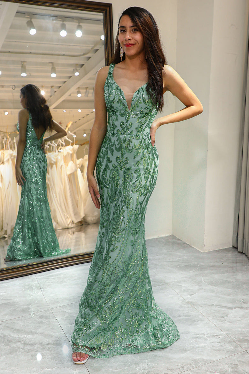 Load image into Gallery viewer, Sparkly Green Mermaid Long Sequined Prom Dress With Appliques