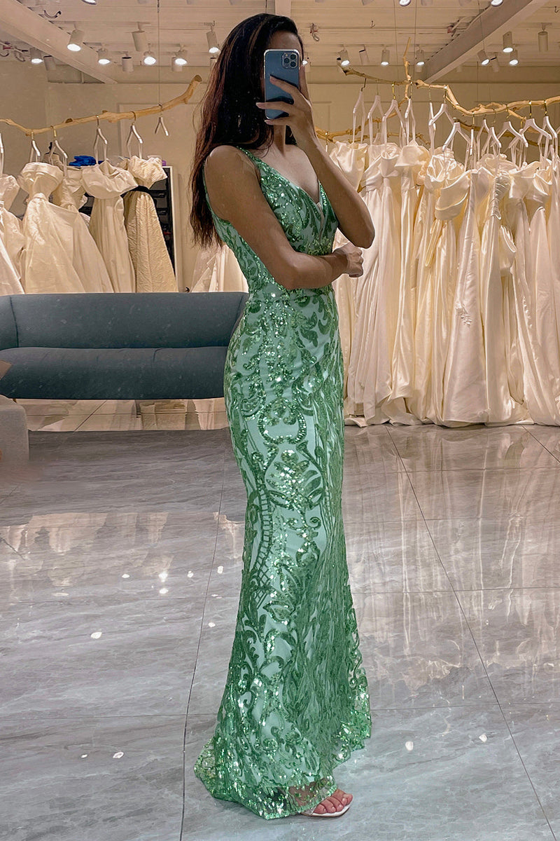 Load image into Gallery viewer, Glitter Green Mermaid Long Appliqued Prom Dress