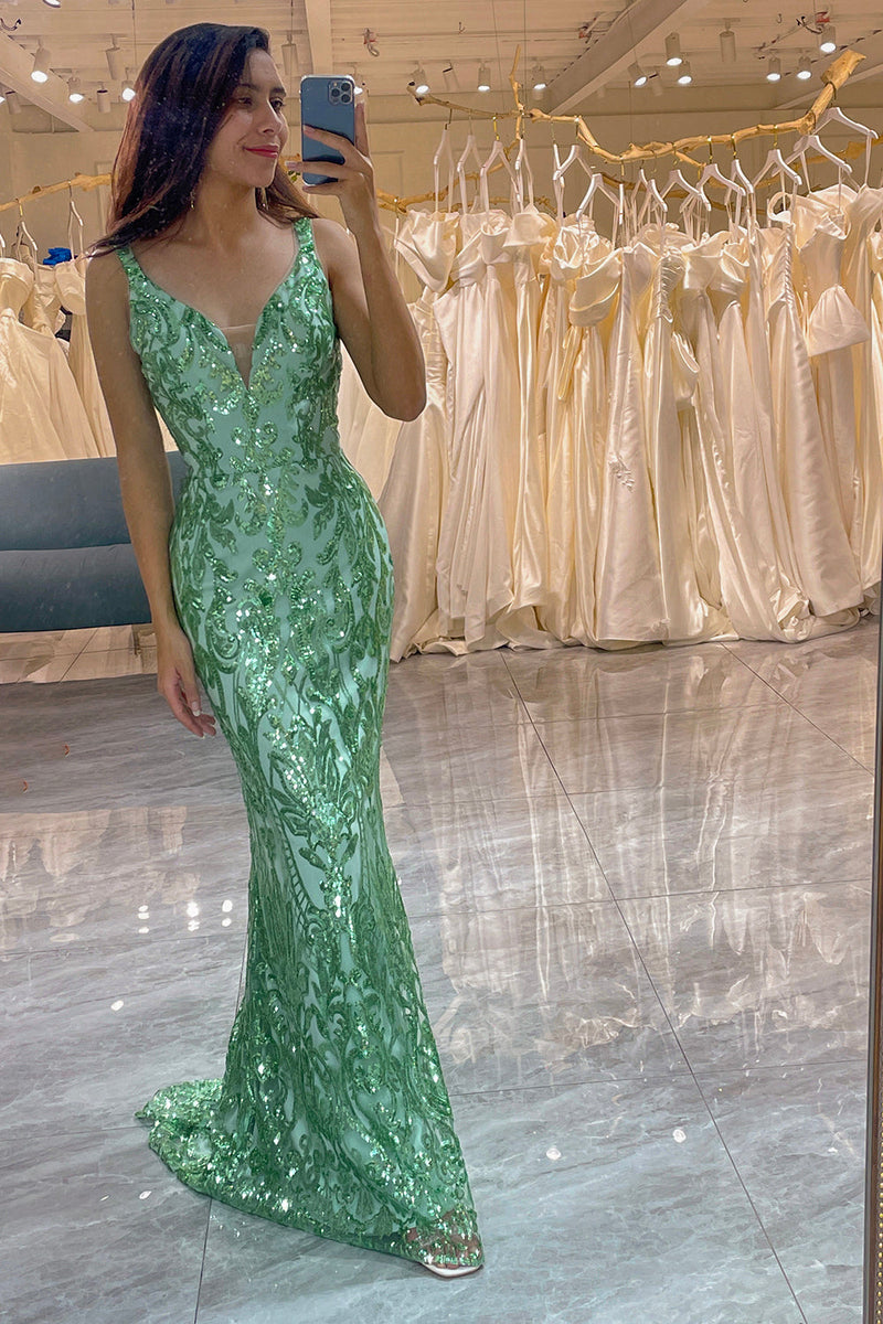 Load image into Gallery viewer, Glitter Green Mermaid Long Appliqued Prom Dress