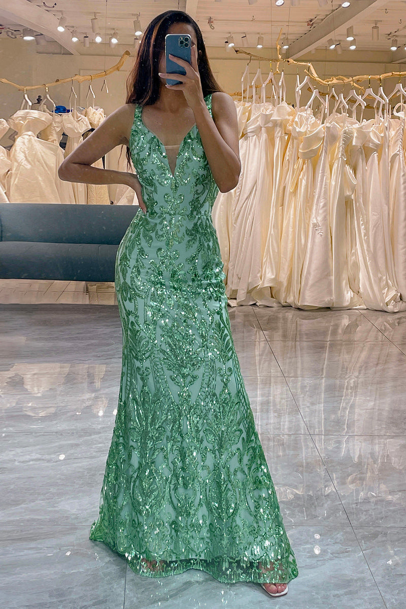 Load image into Gallery viewer, Glitter Green Mermaid Long Appliqued Prom Dress