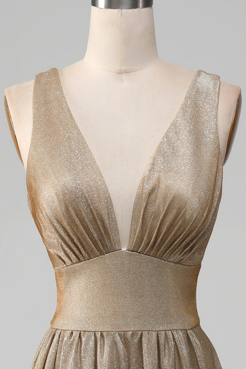 Load image into Gallery viewer, Glitter V-Neck Golden Prom Dress with Slit