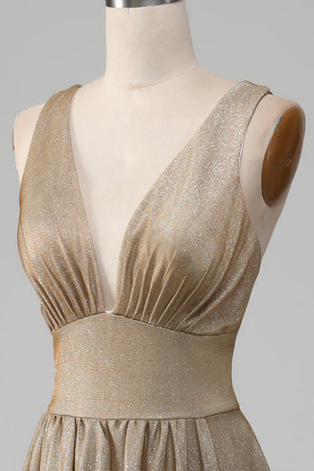 Glitter V-Neck Golden Prom Dress with Slit