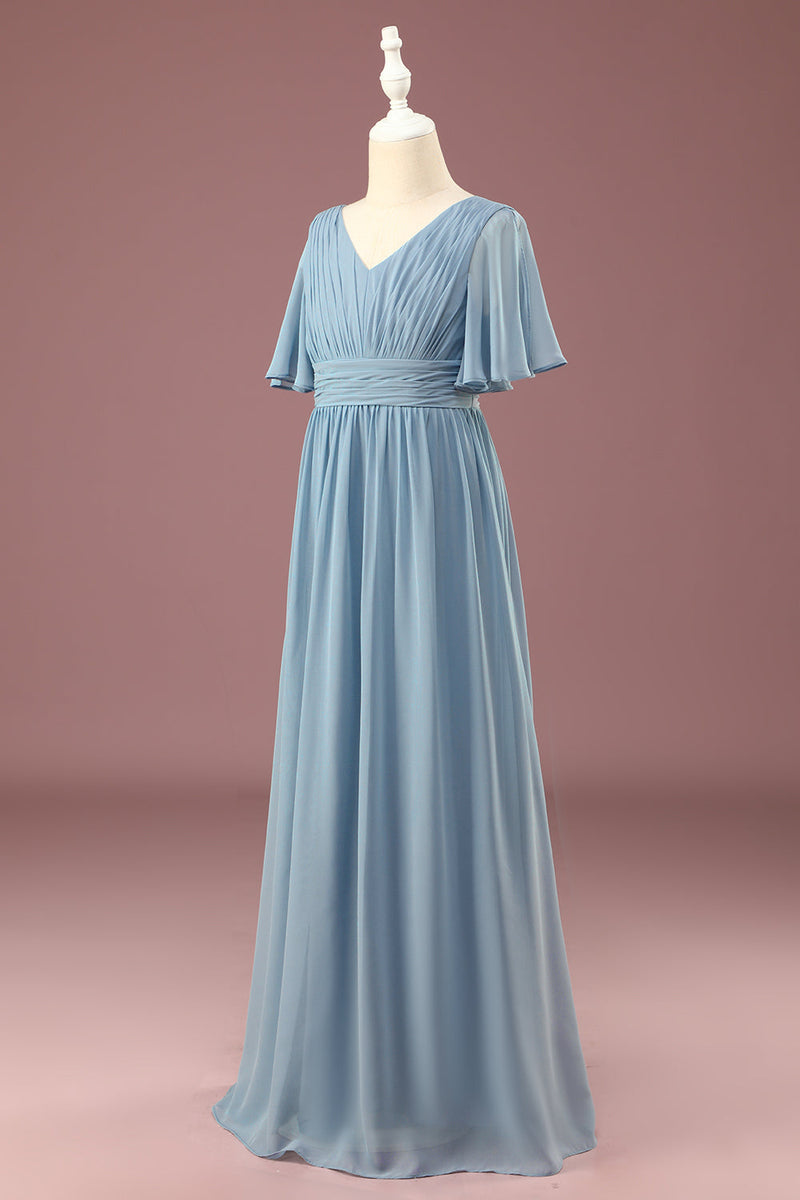 Load image into Gallery viewer, A-line Chiffon V-neck Floor Length Short Sleeves Junior Bridesmaid Dress