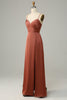 Load image into Gallery viewer, Brick Red Sheath Spaghetti Straps Satin Bridesmaid Dress With Slit