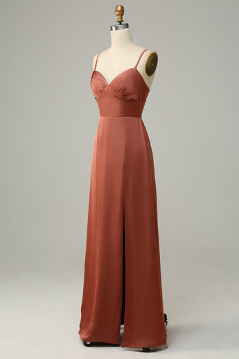 Brick Red Sheath Spaghetti Straps Satin Bridesmaid Dress With Slit