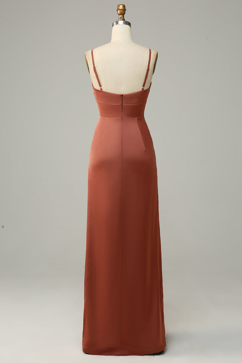 Load image into Gallery viewer, Brick Red Sheath Spaghetti Straps Satin Bridesmaid Dress With Slit