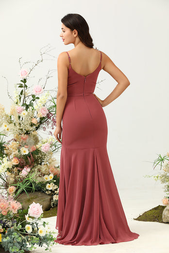 Desert Rose Spaghetti Straps Mermaid Open Back Bridesmaid Dress