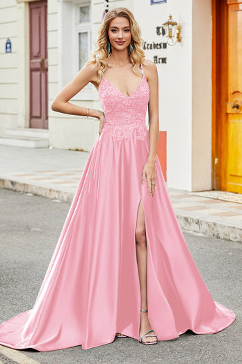 Fuchsia A Line Spaghetti Straps Long Prom Dress with Appliques