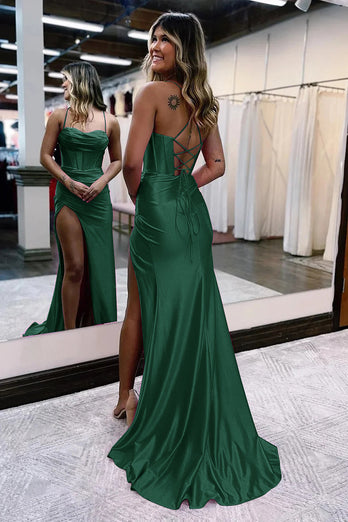 Golden Spaghetti Straps Satin Mermaid Prom Dress with Slit