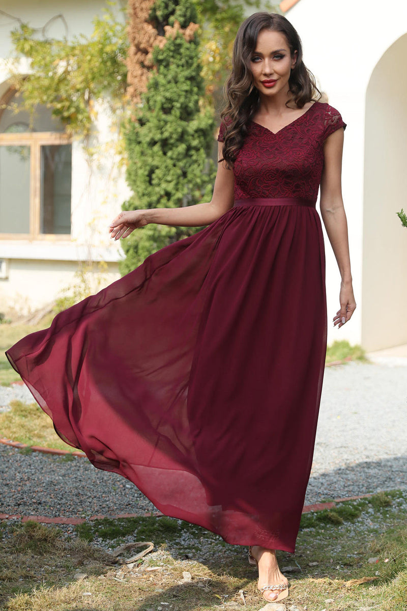 Load image into Gallery viewer, A Line V-Neck Burgundy Long Bridesmaid Dress