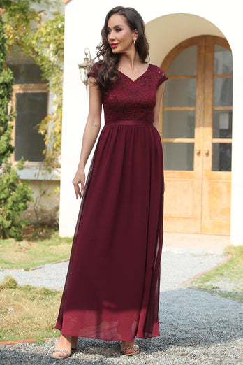 A Line V-Neck Burgundy Long Bridesmaid Dress